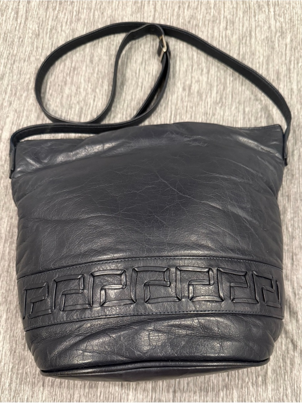 Navy Leather Shoulder Bag with Grecian Geometric Detail